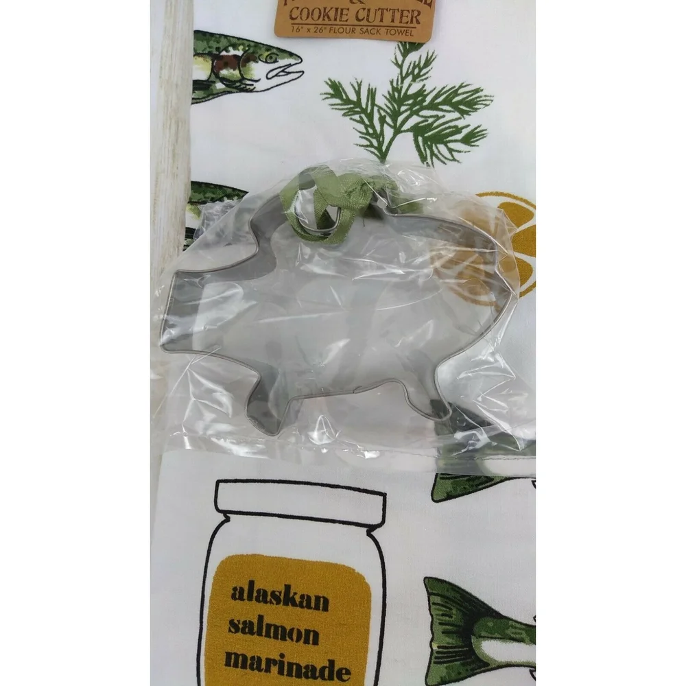 Alaskan Fish Flour Sack Kitchen Towel and Cookie Cutter New